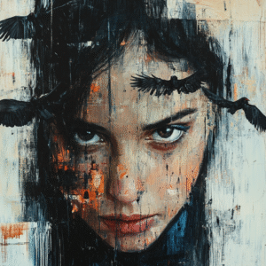 Corvidae – Dark Feminine Power Portrait Portrait artistique sombre d'une femme au regard perçant, entourée de corbeaux en vol, sur fond texturé. Mélange de techniques numériques et picturales, évoquant la puissance du féminin, la rage contenue et la résilience.