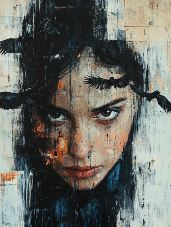 Corvidae – Dark Feminine Power Portrait Portrait artistique sombre d'une femme au regard perçant, entourée de corbeaux en vol, sur fond texturé. Mélange de techniques numériques et picturales, évoquant la puissance du féminin, la rage contenue et la résilience.