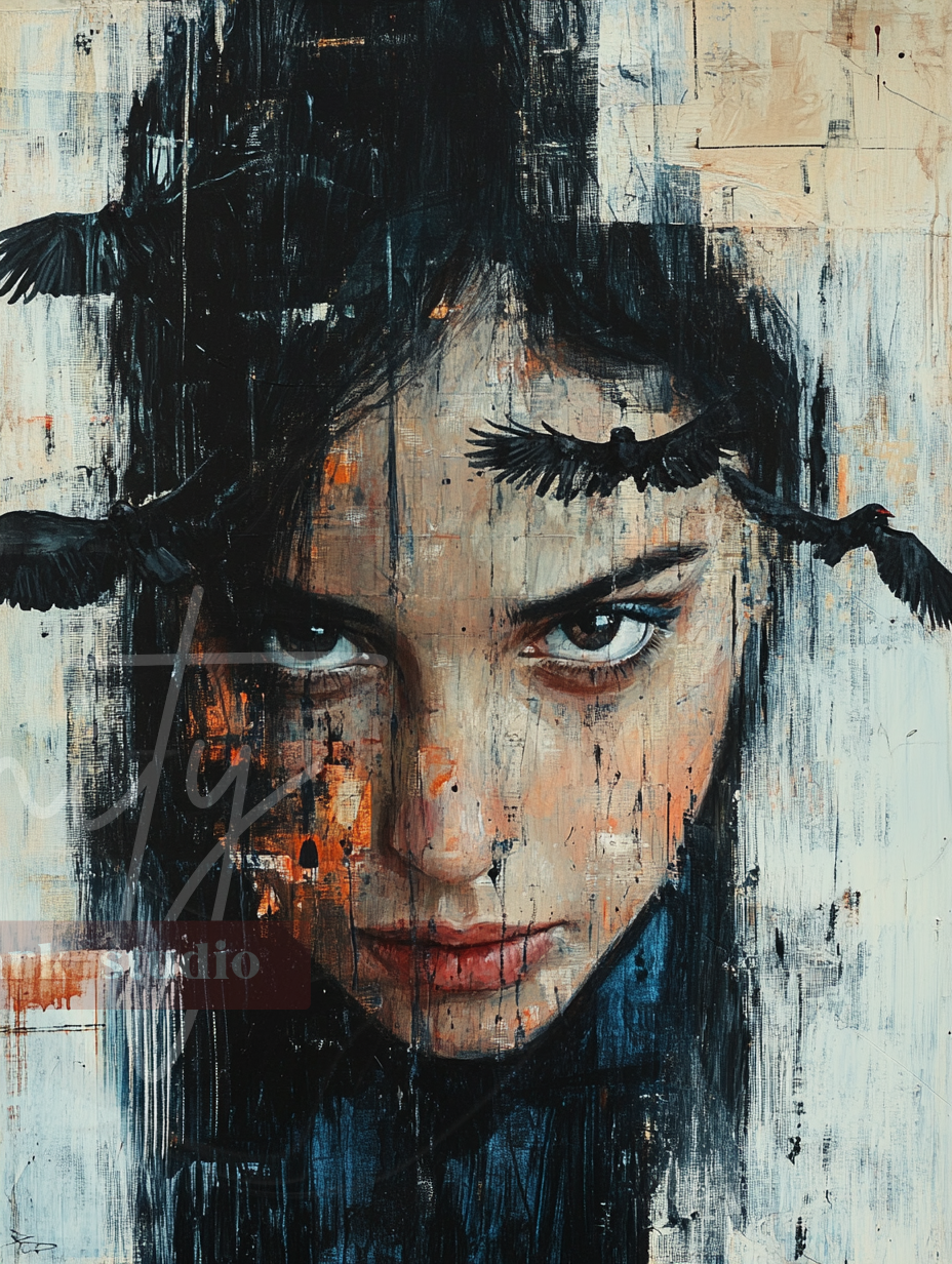 Portrait de femme sombre avec des corbeaux noirs traversant son front, peinture numérique expressionniste mêlant intensité émotionnelle et symbolisme.