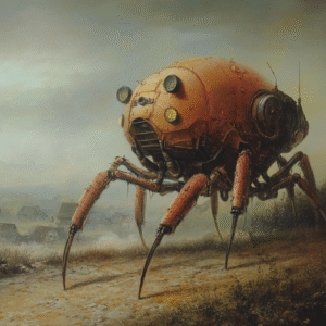 Arachnomécanique Créature mécanique à six pattes dans un paysage brumeux, mélange de technologie et de poésie steampunk.