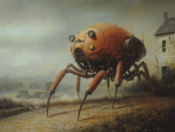 Créature mécanique à six pattes dans un paysage brumeux, mélange de technologie et de poésie steampunk.