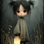 Cœur de luciole Petite fille aux cheveux noirs tenant un bocal lumineux sous la lune, illustration poétique et mélancolique par Infinity Dark Studio.