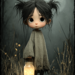 Petite fille aux cheveux noirs tenant un bocal lumineux sous la lune, illustration poétique et mélancolique par Infinity Dark Studio.