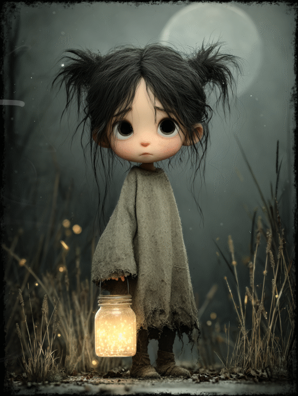 Petite fille aux cheveux noirs tenant un bocal lumineux sous la lune, illustration poétique et mélancolique par Infinity Dark Studio.