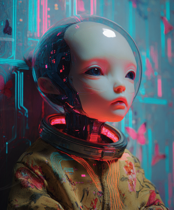 Portrait d’un enfant cyborg au regard mélancolique, dans un univers futuriste baigné de lumières néon