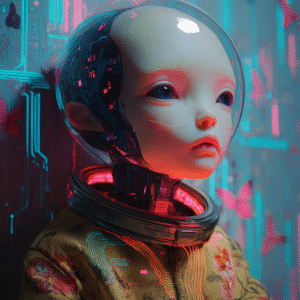 Cyborg Child in a Neon Dream – Futuristic AI Portrait Portrait d’un enfant cyborg au regard mélancolique, dans un univers futuriste baigné de lumières néon.