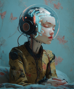 Portrait d’une androïde avec casque cybernétique lumineux, assise dans un décor pastel orné de papillons.