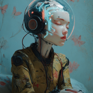 Dreaming Android – Futuristic Woman in Butterflies Portrait d’une androïde avec casque cybernétique lumineux, assise dans un décor pastel orné de papillons.