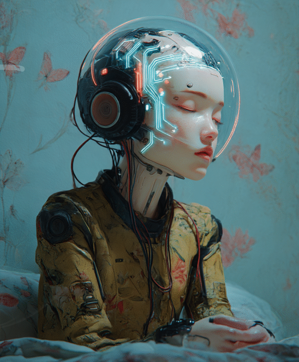 Portrait d’une androïde avec casque cybernétique lumineux, assise dans un décor pastel orné de papillons.