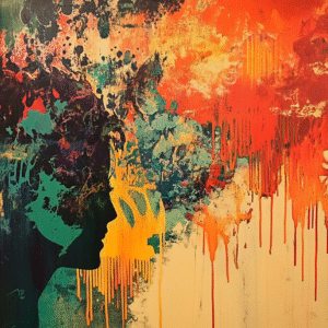 Esprit Éclaté Silhouette humaine abstraite entourée d’éclats de peinture rouge, jaune et verte symbolisant l’énergie mentale.