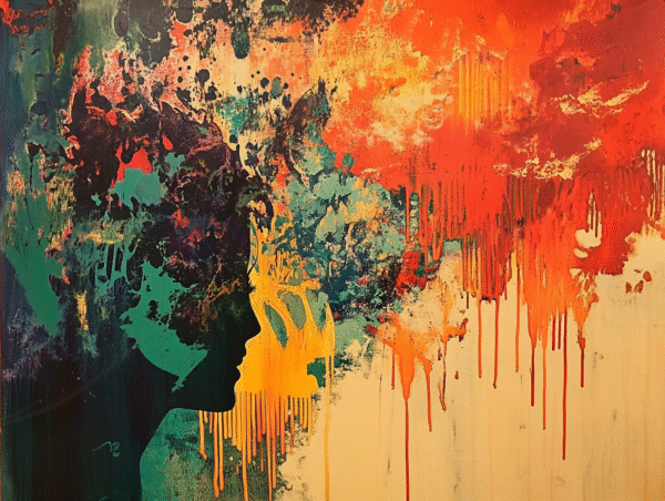 Esprit Éclaté Silhouette humaine abstraite entourée d’éclats de peinture rouge, jaune et verte symbolisant l’énergie mentale.