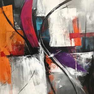 Composition abstraite avec formes géométriques et coups de pinceau vifs dans les tons orange, violet, noir et blanc.