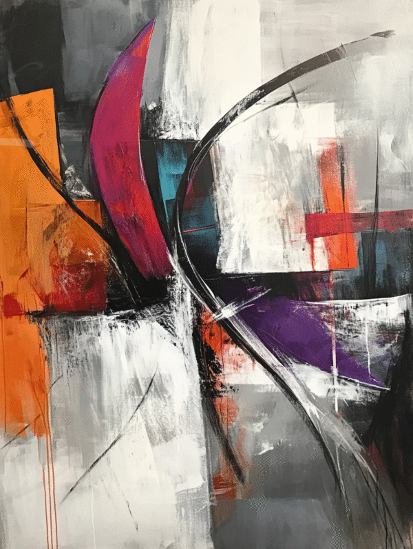 Friction Urbaine Composition abstraite avec formes géométriques et coups de pinceau vifs dans les tons orange, violet, noir et blanc.