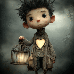 Jeune garçon en manteau usé tenant une cage-lanterne et un cœur lumineux, illustration symbolique et poétique par Infinity Dark Studio.