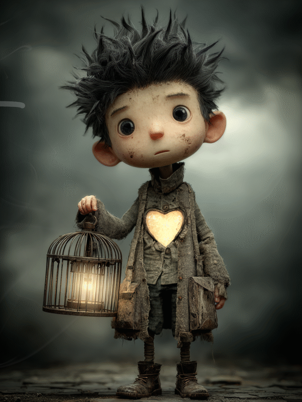 Jeune garçon en manteau usé tenant une cage-lanterne et un cœur lumineux, illustration symbolique et poétique par Infinity Dark Studio.