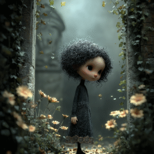 Jeune fille aux cheveux bouclés vêtue de noir dans un passage fleuri, illustration poétique et mélancolique par Infinity Dark Studio.