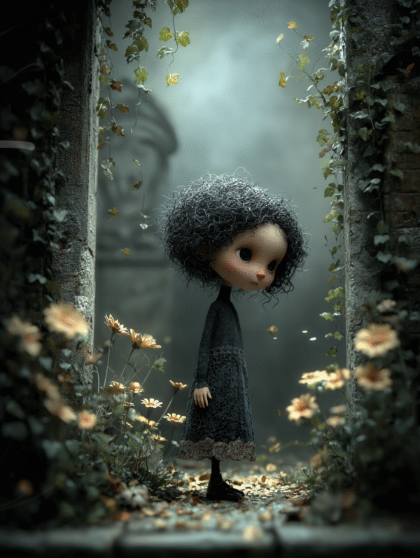 Jeune fille aux cheveux bouclés vêtue de noir dans un passage fleuri, illustration poétique et mélancolique par Infinity Dark Studio.