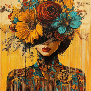 Infinity Dark Studio - Beauté Cachée Portrait féminin orné d’un chapeau floral luxuriant, au visage partiellement voilé, sur fond ocre doré — œuvre d’art numérique Infinity Dark Studio.