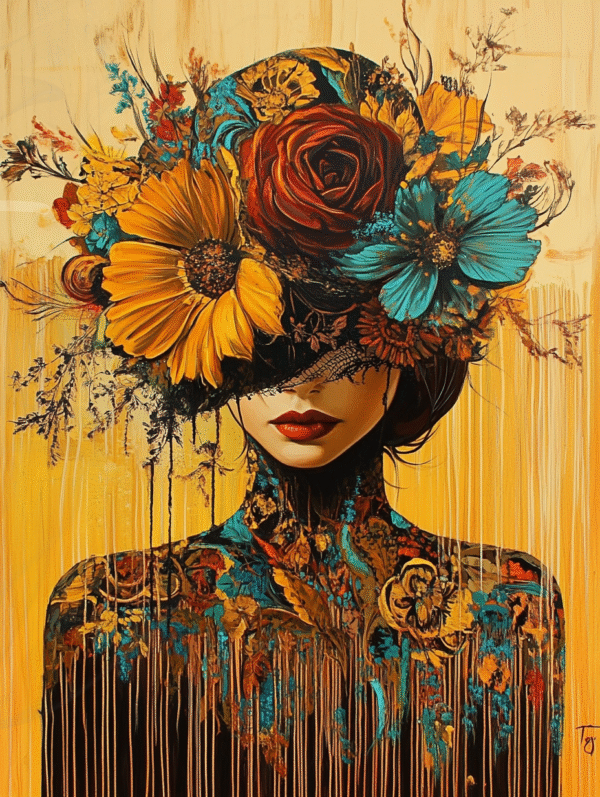 Infinity Dark Studio - Beauté Cachée Portrait féminin orné d’un chapeau floral luxuriant, au visage partiellement voilé, sur fond ocre doré — œuvre d’art numérique Infinity Dark Studio.