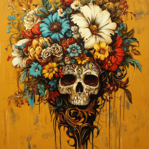 Crâne orné de fleurs colorées sur fond ocre, symbolisant la renaissance dans la mort — œuvre d’art numérique signée Infinity Dark Studio.