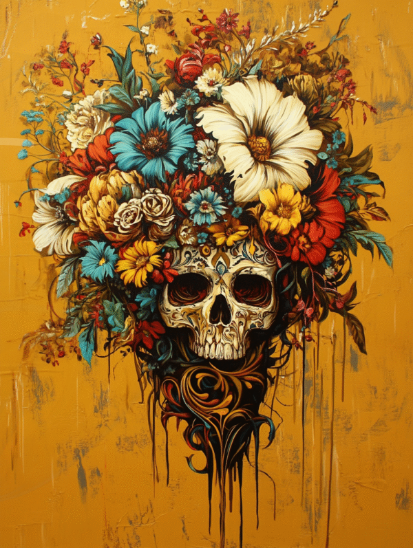 Infinity Dark Studio - Éclosion Funèbre Crâne orné de fleurs colorées sur fond ocre, symbolisant la renaissance dans la mort — œuvre d’art numérique signée Infinity Dark Studio.