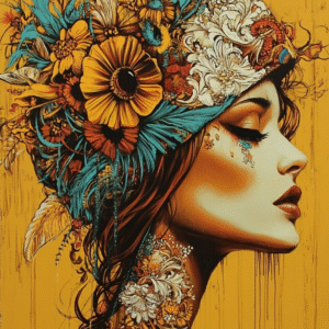 Portrait de femme orné de fleurs et de plumes sur fond ocre, symbole de la fusion entre la nature et la féminité — œuvre d’art numérique signée Infinity Dark Studio.