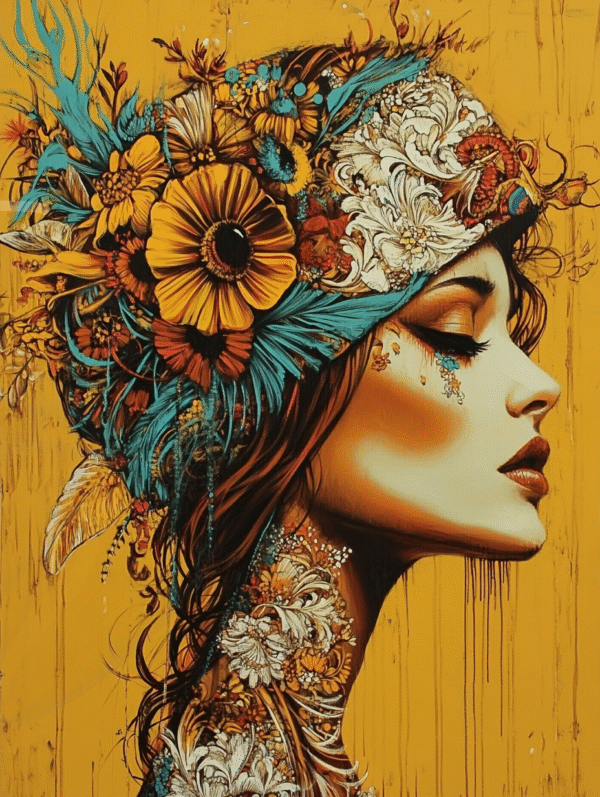 Portrait de femme orné de fleurs et de plumes sur fond ocre, symbole de la fusion entre la nature et la féminité — œuvre d’art numérique signée Infinity Dark Studio.