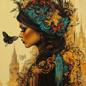 Infinity Dark Studio - L’Éternelle Élégance Portrait de femme orné de fleurs et motifs dorés, accompagné d’un papillon noir sur fond architectural ocre — œuvre numérique poétique d’Infinity Dark Studio.