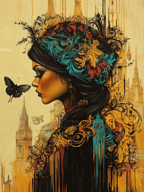 Infinity Dark Studio - L’Éternelle Élégance Portrait de femme orné de fleurs et motifs dorés, accompagné d’un papillon noir sur fond architectural ocre — œuvre numérique poétique d’Infinity Dark Studio.