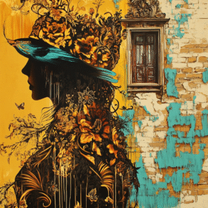 Infinity Dark Studio - L’Ombre des Fleurs Silhouette féminine faite de fleurs et de végétation devant un mur ancien turquoise et ocre — œuvre d’art numérique poétique signée Infinity Dark Studio.