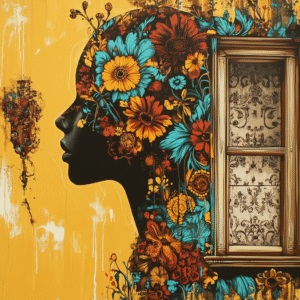 Profil floral féminin orné de fleurs vives avec une fenêtre ancienne intégrée — œuvre numérique symbolique d’Infinity Dark Studio.