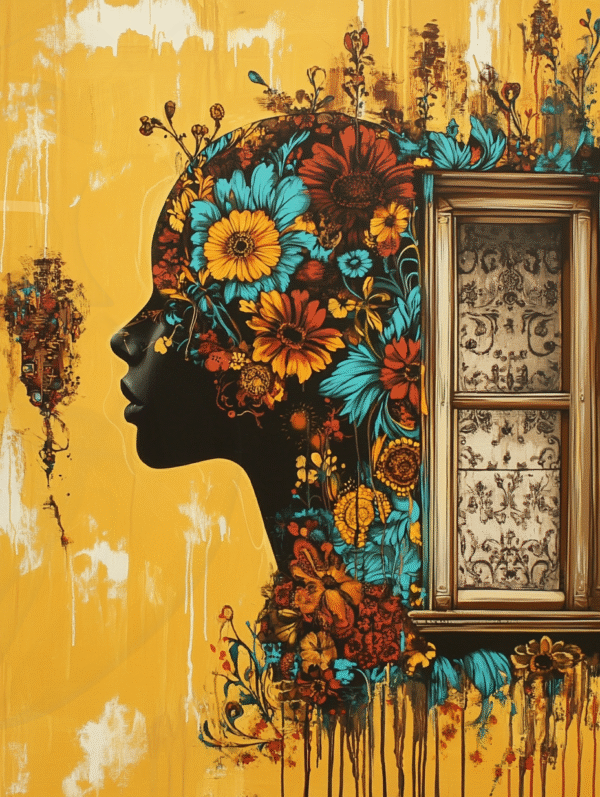 Infinity Dark Studio - La Fenêtre Intérieure Profil floral féminin orné de fleurs vives avec une fenêtre ancienne intégrée — œuvre numérique symbolique d’Infinity Dark Studio.
