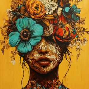 Portrait féminin orné de fleurs et de motifs baroques sur fond ocre, illustrant la beauté cachée et le mystère — œuvre d’art numérique Infinity Dark Studio.