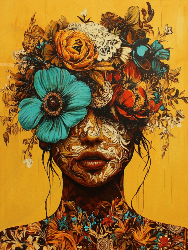 Portrait féminin orné de fleurs et de motifs baroques sur fond ocre, illustrant la beauté cachée et le mystère — œuvre d’art numérique Infinity Dark Studio.