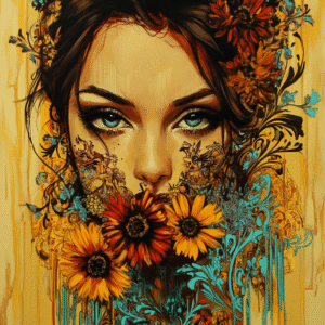 Portrait féminin orné de fleurs et de motifs dorés, au regard intense — œuvre numérique d’Infinity Dark Studio explorant la mémoire et la beauté éternelle.