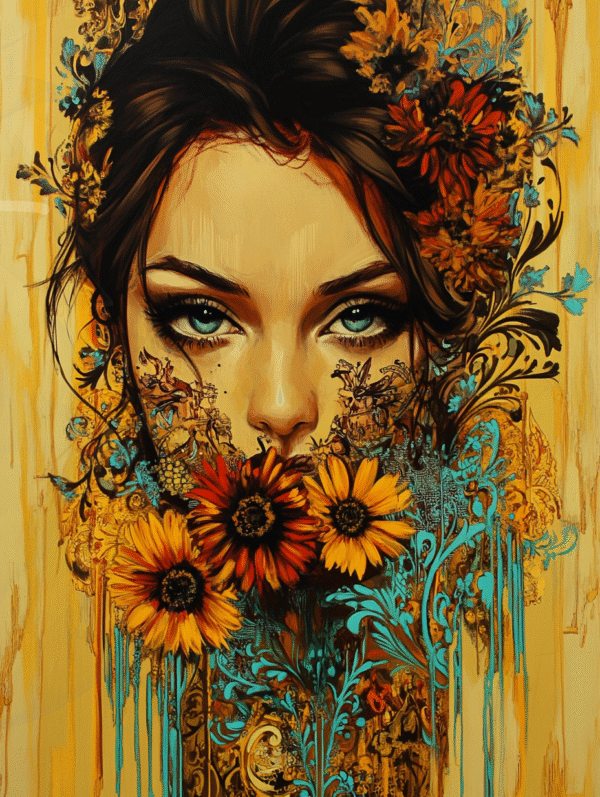 Portrait féminin orné de fleurs et de motifs dorés, au regard intense — œuvre numérique d’Infinity Dark Studio explorant la mémoire et la beauté éternelle.