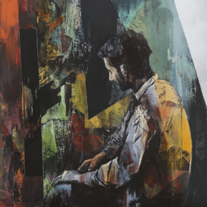 Portrait d’un homme assis dans un environnement abstrait et coloré, plongé dans la réflexion.