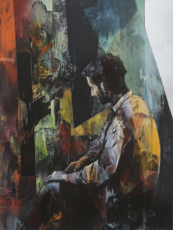 Portrait d’un homme assis dans un environnement abstrait et coloré, plongé dans la réflexion.