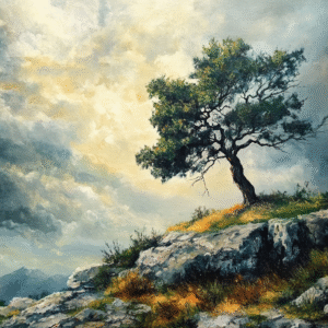 Arbre solitaire sur une colline rocheuse sous un ciel orageux, baigné de lumière dorée.