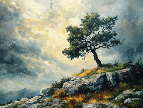 Arbre solitaire sur une colline rocheuse sous un ciel orageux, baigné de lumière dorée.