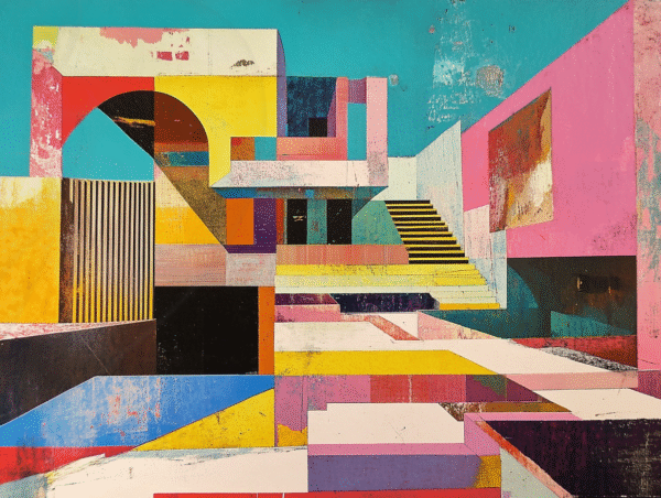 Composition géométrique colorée inspirée d’une architecture moderne abstraite.