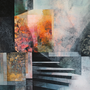 Composition abstraite évoquant un escalier géométrique montant vers une lumière orangée.
