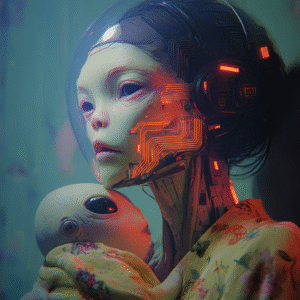 Mother Unit – Alien Cyborg with Child Portrait numérique d’un cyborg tenant un enfant extraterrestre, mélange d’émotion et de technologie futuriste.