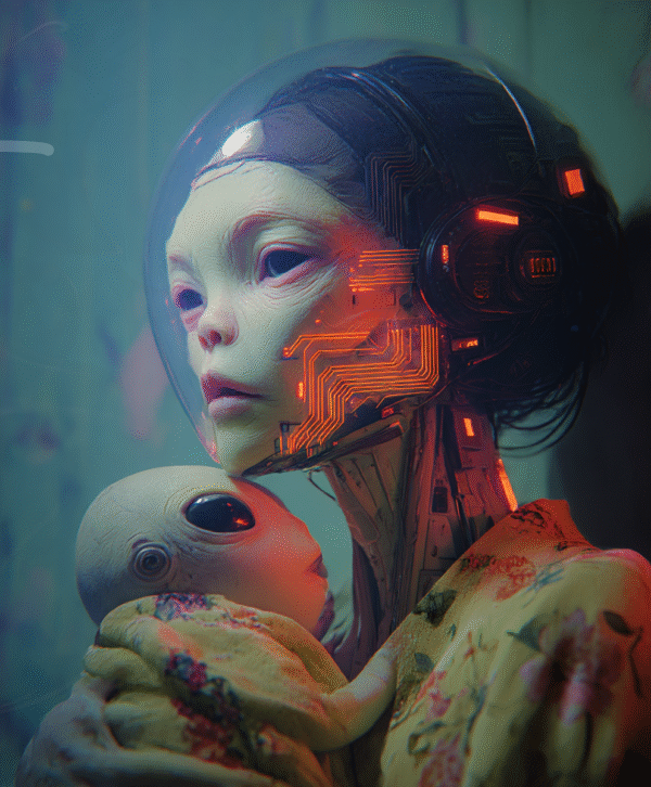 Mother Unit – Alien Cyborg with Child Portrait numérique d’un cyborg tenant un enfant extraterrestre, mélange d’émotion et de technologie futuriste.