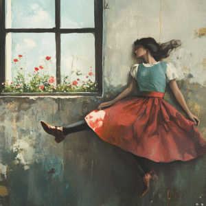 Rêverie Murale Femme en robe rouge flottant contre un mur près d’une fenêtre éclairée par la lumière du jour.