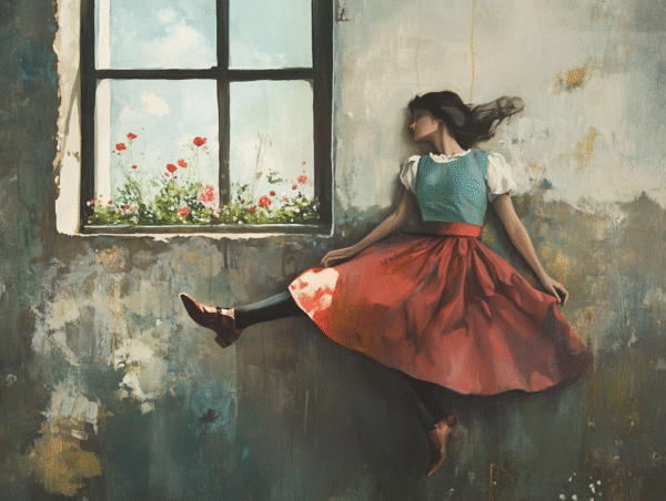 Rêverie Murale Femme en robe rouge flottant contre un mur près d’une fenêtre éclairée par la lumière du jour.