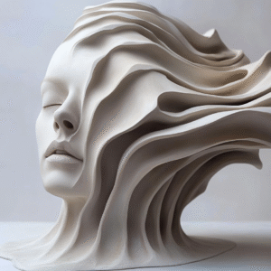 Sculpture numérique représentant un visage féminin abstrait en marbre, se dissolvant dans des ondulations fluides.