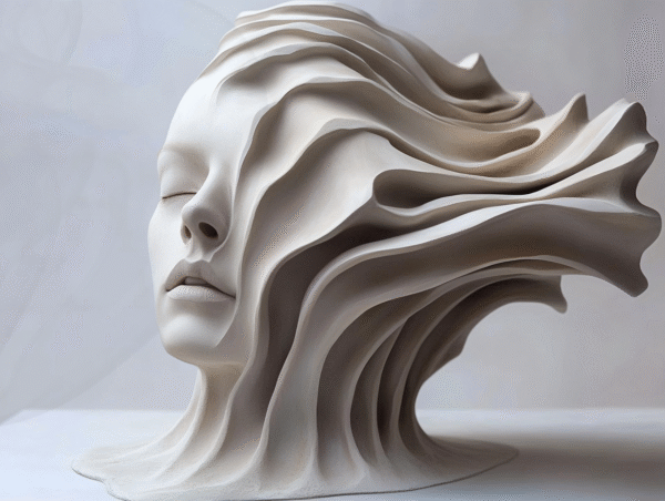 Souffle de Marbre Sculpture numérique représentant un visage féminin abstrait en marbre, se dissolvant dans des ondulations fluides.