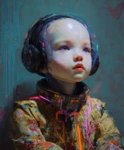 Portrait futuriste d’un enfant cyborg en combinaison néon, mélange d’émotion et de technologie.