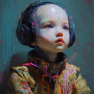 Uplinked Innocence – Portrait of a Cyborg Child Portrait futuriste d’un enfant cyborg en combinaison néon, mélange d’émotion et de technologie.